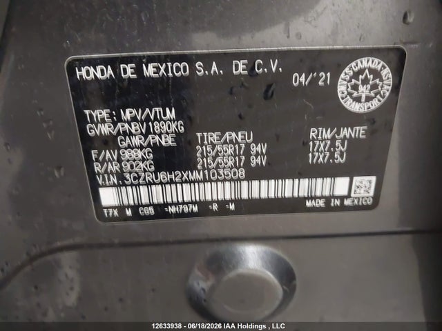 Продажа на аукционе авто 2021 Honda Hr-v Sport, vin: 3CZRU6H2XMM103508, номер лота: 12633938