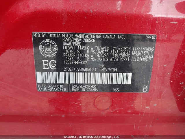 Продажа на аукционе авто 2011 Toyota Rav4, vin: 2T3ZF4DV6BW056364, номер лота: 12633943