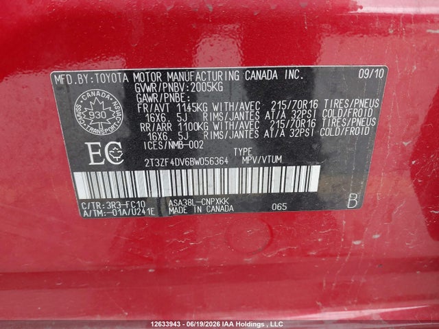 Продажа на аукционе авто 2011 Toyota Rav4, vin: 2T3ZF4DV6BW056364, номер лота: 12633943
