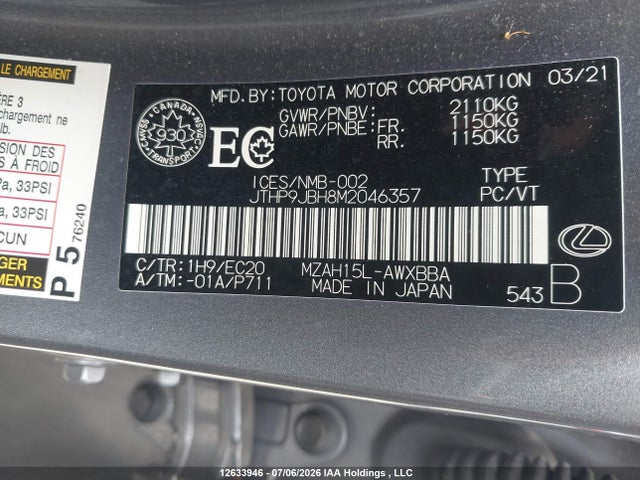 Lexus UX 250H 2021 JTHP9JBH8M2046357 Image 9