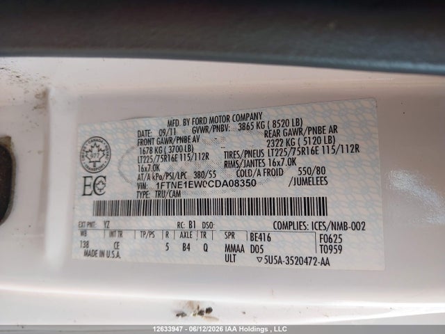 12633947 :رقم المزاد ، 1FTNE1EW0CDA08350 vin ، 2012 Ford Econoline E150 Van مزاد بيع