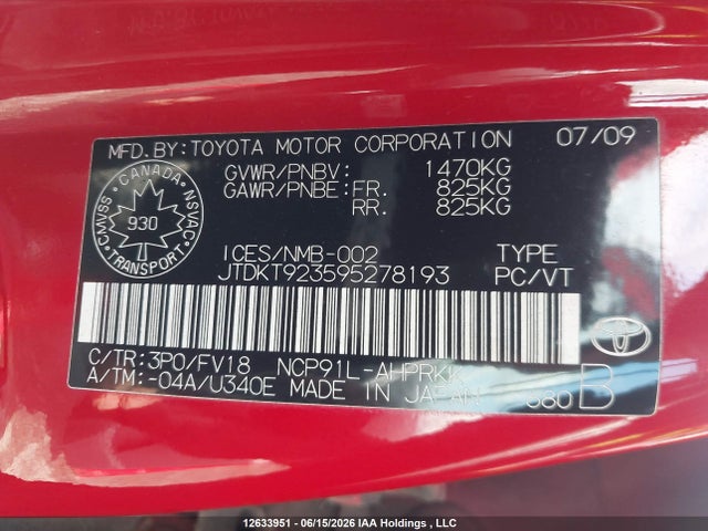 2009 Toyota Yaris მანქანა იყიდება აუქციონზე, vin: JTDKT923595278193, აუქციონის ნომერი: 12633951