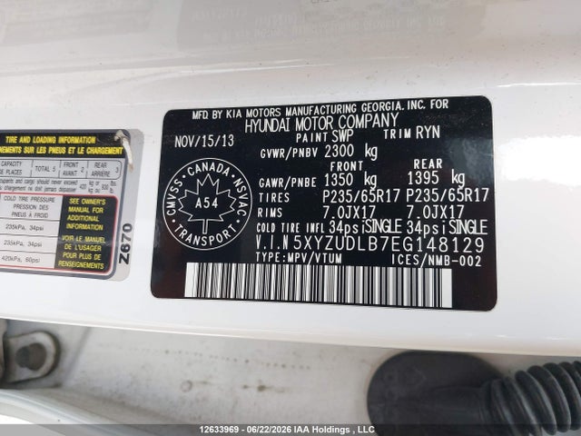12633969 :رقم المزاد ، 5XYZUDLB7EG148129 vin ، 2014 Hyundai Santa Fe Sport مزاد بيع
