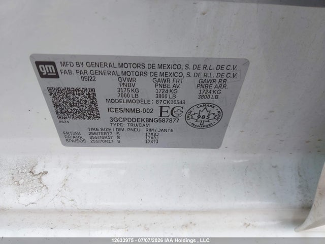 12633975 :رقم المزاد ، 3GCPDDEK8NG587877 vin ، 2022 Chevrolet Silverado 1500 Lt مزاد بيع
