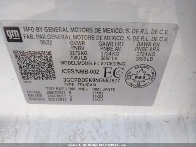 12633975 :رقم المزاد ، 3GCPDDEK8NG587877 vin ، 2022 Chevrolet Silverado 1500 Lt مزاد بيع