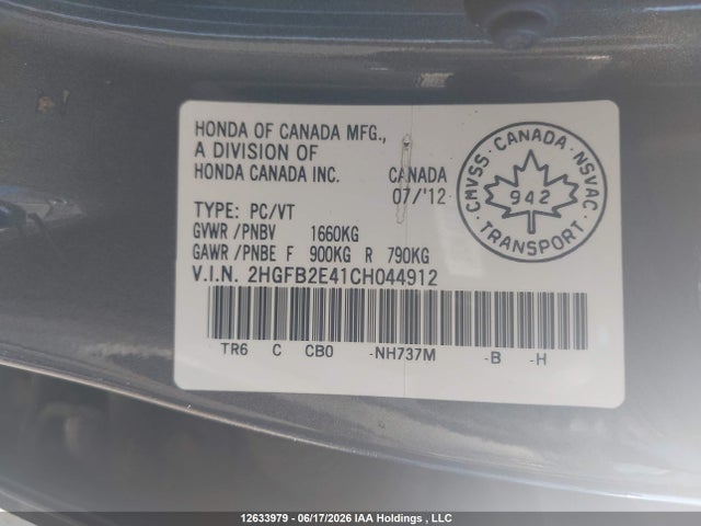 2012 Honda Civic Lx მანქანა იყიდება აუქციონზე, vin: 2HGFB2E41CH044912, აუქციონის ნომერი: 12633979