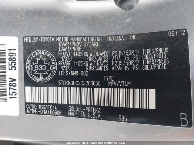 Продаж на аукціоні авто 2012 Toyota Sienna Le 8 Passenger, vin: 5TDKK3DC2CS266050, номер лоту: 12633984