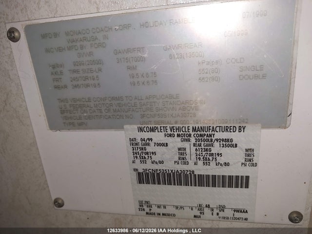 Продаж на аукціоні авто 1999 Ford F550 Super Duty Stripped Chass, vin: 3FCNF53S1XJA30728, номер лоту: 12633986