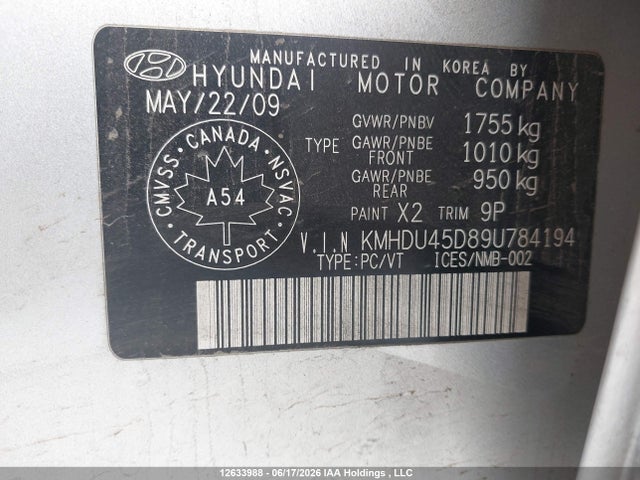 Продаж на аукціоні авто 2009 Hyundai Elantra, vin: KMHDU45D89U784194, номер лоту: 12633988