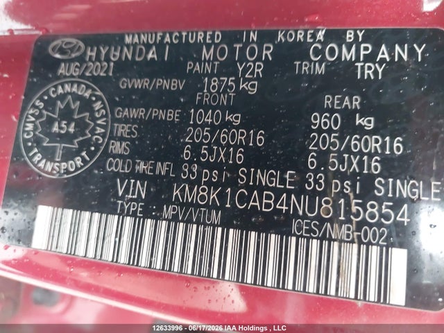 Aukcja sprzedaży 2022 Hyundai Kona Se, vin: KM8K1CAB4NU815854, numer aukcji: 12633996
