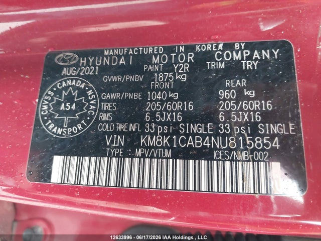Aukcja sprzedaży 2022 Hyundai Kona Se, vin: KM8K1CAB4NU815854, numer aukcji: 12633996