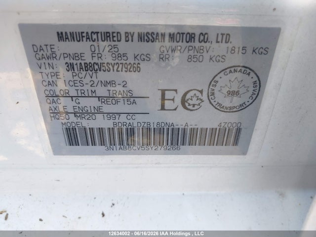Продажа на аукционе авто 2025 Nissan Sentra Sv, vin: 3N1AB8CV5SY279266, номер лота: 12634002