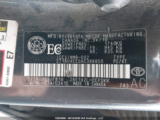 2010 Toyota Corolla S/le/xle მანქანა იყიდება აუქციონზე, vin: 2T1BU4EE0AC388850, აუქციონის ნომერი: 12634006