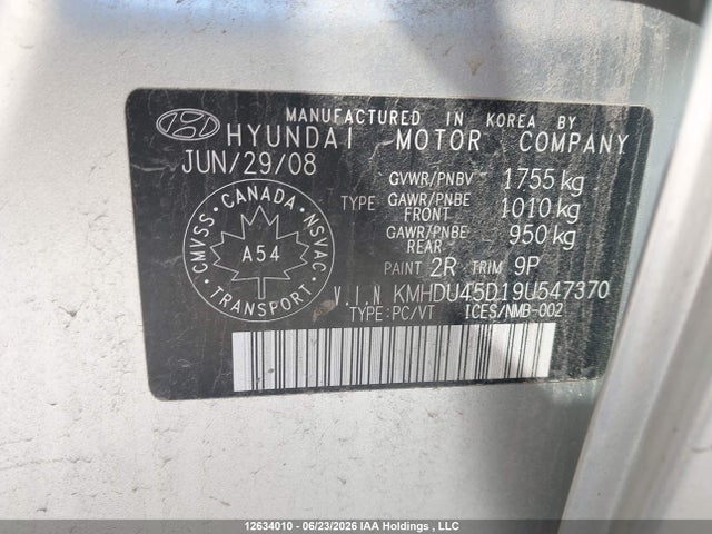 2009 Hyundai Elantra Gls/se მანქანა იყიდება აუქციონზე, vin: KMHDU45D19U547370, აუქციონის ნომერი: 12634010