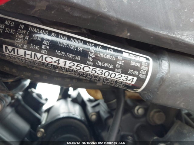 2012 Honda Cbr250 R მანქანა იყიდება აუქციონზე, vin: MLHMC4125C5300234, აუქციონის ნომერი: 12634012