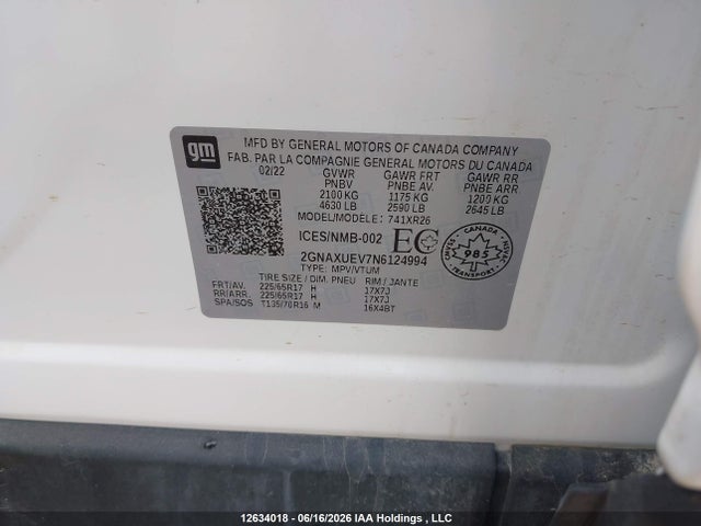 12634018 :رقم المزاد ، 2GNAXUEV7N6124994 vin ، 2022 Chevrolet Equinox Lt مزاد بيع