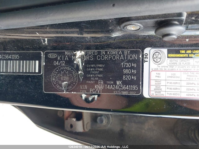 Aukcja sprzedaży 2012 Kia Forte 2.0l Lx, vin: KNAFT4A24C5641195, numer aukcji: 12634019