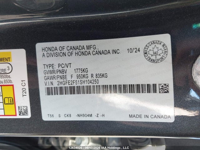 Продаж на аукціоні авто 2025 Honda Civic Sport, vin: 2HGFE2F51SH104250, номер лоту: 12634026