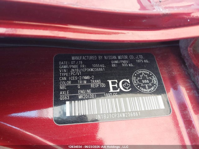 Aukcja sprzedaży 2019 Nissan Qashqai S/sv, vin: JN1BJ1CP3KW236861, numer aukcji: 12634034