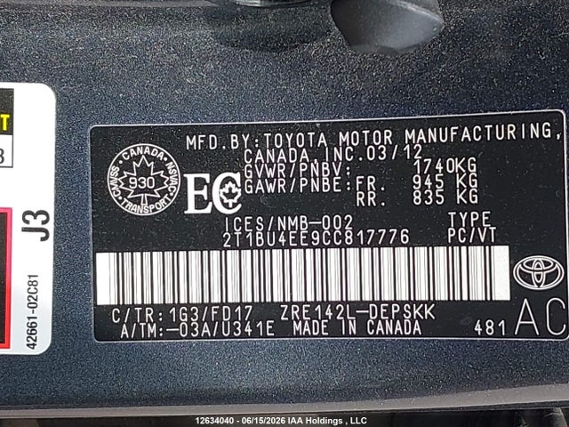 2012 Toyota Corolla S/le მანქანა იყიდება აუქციონზე, vin: 2T1BU4EE9CC817776, აუქციონის ნომერი: 12634040