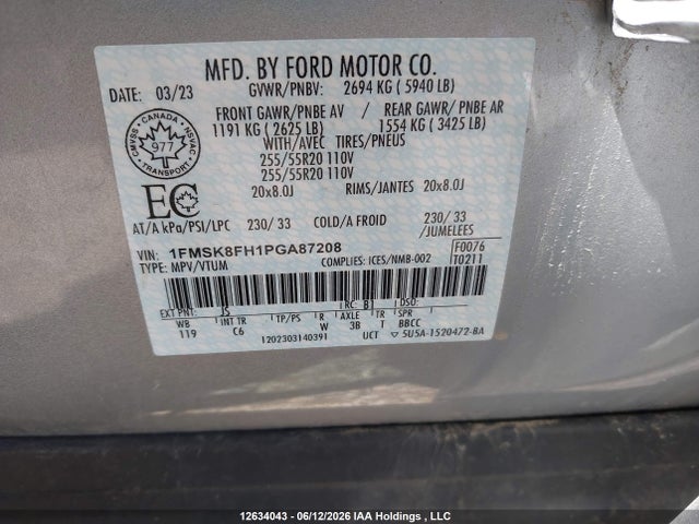 12634043 :رقم المزاد ، 1FMSK8FH1PGA87208 vin ، 2023 Ford Explorer Limited مزاد بيع