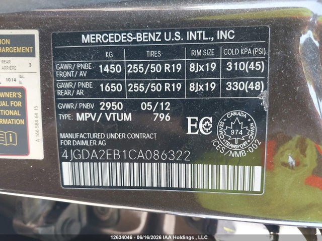 Aukcja sprzedaży 2012 Mercedes-benz Ml 350 Bluetec 4matic, vin: 4JGDA2EB1CA086322, numer aukcji: 12634046