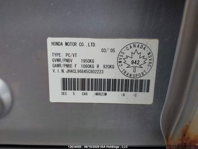 12634050 :رقم المزاد ، JH4CL96845C802223 vin ، 2005 Acura Tsx مزاد بيع