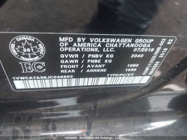 Продажа на аукционе авто 2018 Volkswagen Passat Sel Premium, vin: 1VWCA7A38JC046863, номер лота: 12634066