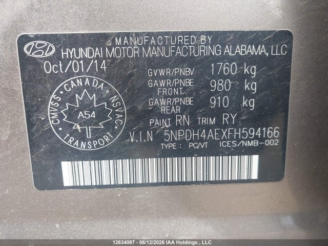 Продаж на аукціоні авто 2015 Hyundai Elantra Se/sport/limited, vin: 5NPDH4AEXFH594166, номер лоту: 12634087
