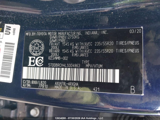 5TDDBRCH4LS004863 Toyota Highlander Hybrid Limited