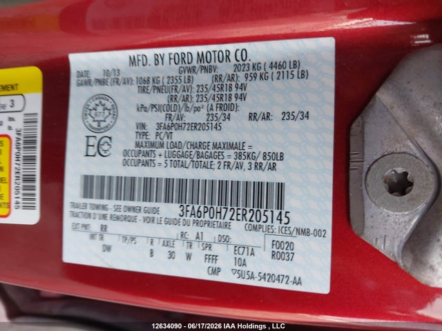 Aukcja sprzedaży 2014 Ford Fusion Se, vin: 3FA6P0H72ER205145, numer aukcji: 12634090