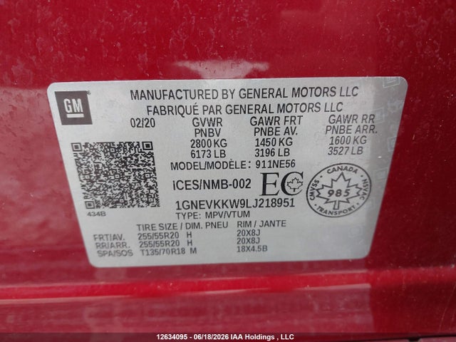 12634095 :رقم المزاد ، 1GNEVKKW9LJ218951 vin ، 2020 Chevrolet Traverse Premier مزاد بيع