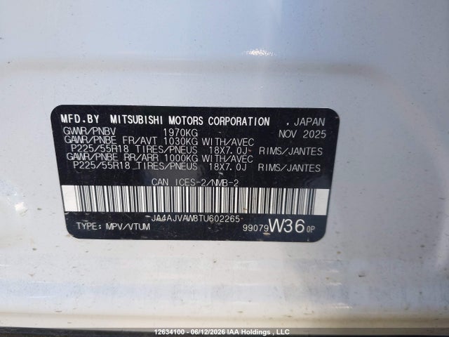 Aukcja sprzedaży 2026 Mitsubishi Rvr Se/sel/noir/gt, vin: JA4AJVAW8TU602265, numer aukcji: 12634100