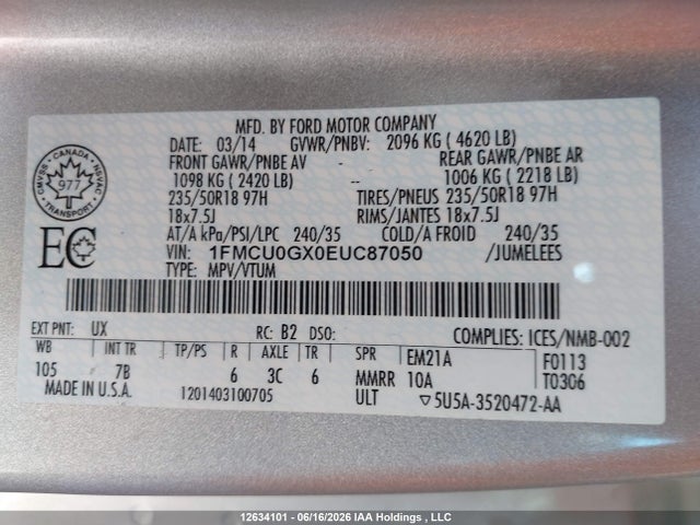 Aukcja sprzedaży 2014 Ford Escape Se, vin: 1FMCU0GX0EUC87050, numer aukcji: 12634101