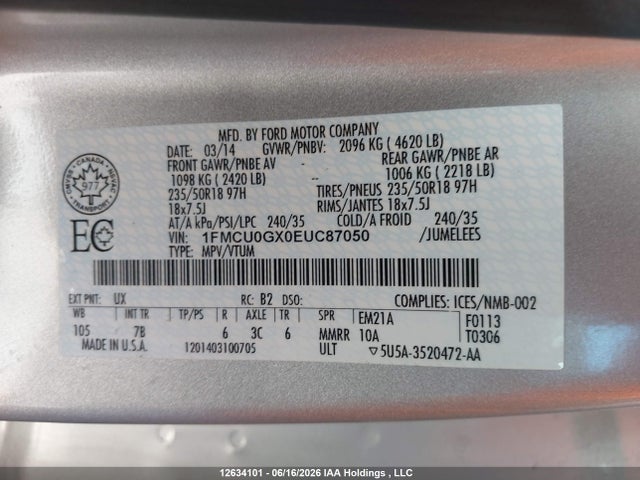 Aukcja sprzedaży 2014 Ford Escape Se, vin: 1FMCU0GX0EUC87050, numer aukcji: 12634101
