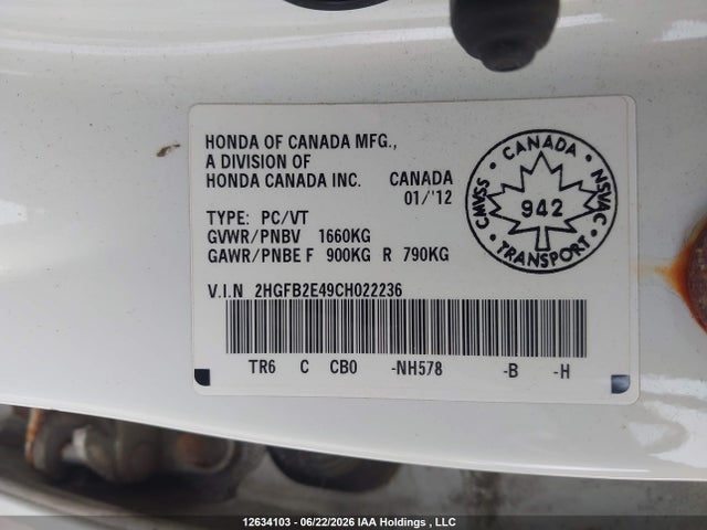 Продаж на аукціоні авто 2012 Honda Civic Lx, vin: 2HGFB2E49CH022236, номер лоту: 12634103