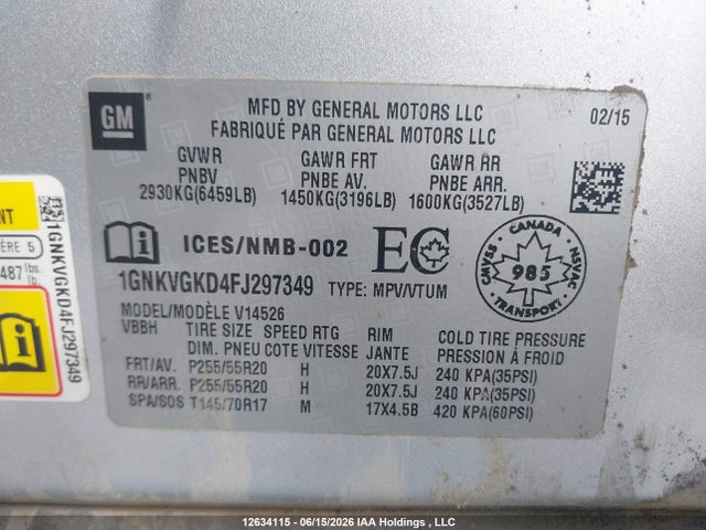 12634115 :رقم المزاد ، 1GNKVGKD4FJ297349 vin ، 2015 Chevrolet Traverse Lt مزاد بيع