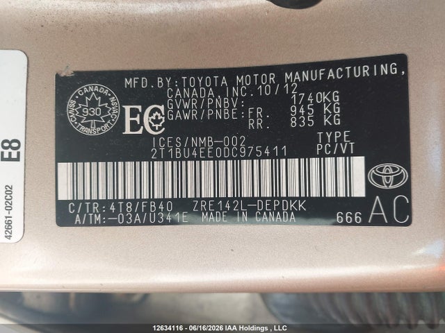 12634116 :رقم المزاد ، 2T1BU4EE0DC975411 vin ، 2013 Toyota Corolla Ce مزاد بيع