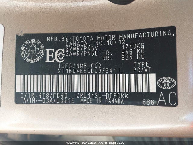 12634116 :رقم المزاد ، 2T1BU4EE0DC975411 vin ، 2013 Toyota Corolla Ce مزاد بيع