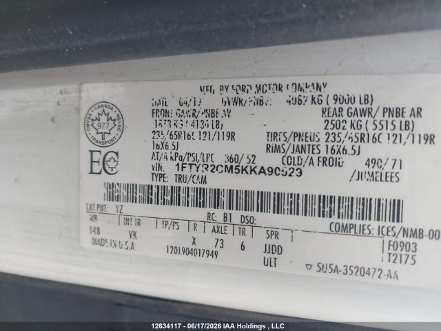 Aukcja sprzedaży 2019 Ford Transit T-250, vin: 1FTYR2CM5KKA90529, numer aukcji: 12634117