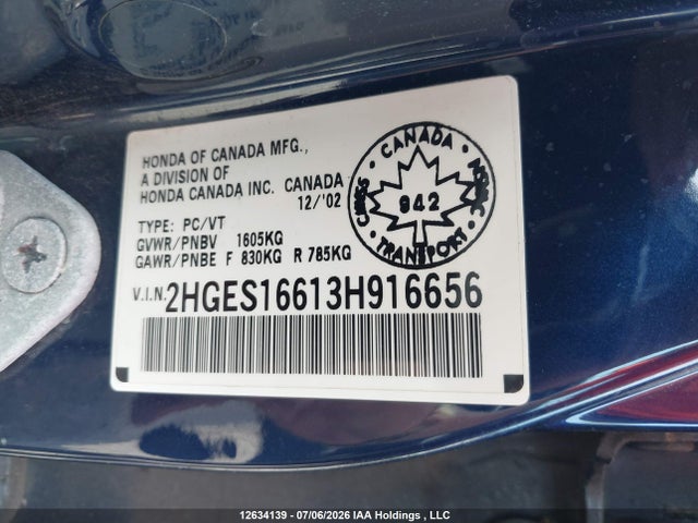 Продаж на аукціоні авто 2003 Honda Civic Lx, vin: 2HGES16613H916656, номер лоту: 12634139