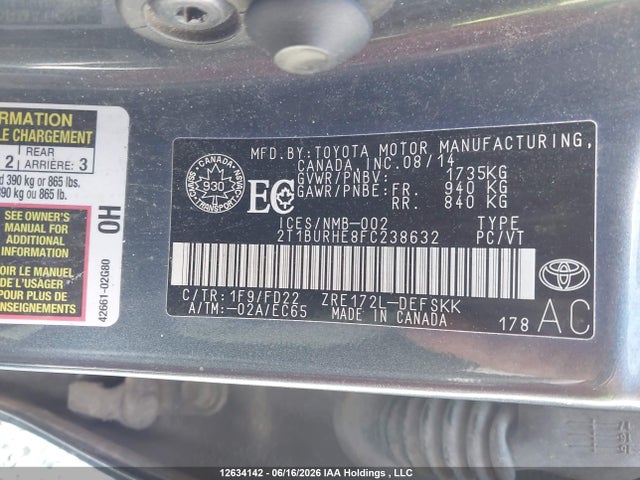 2015 Toyota Corolla S მანქანა იყიდება აუქციონზე, vin: 2T1BURHE8FC238632, აუქციონის ნომერი: 12634142