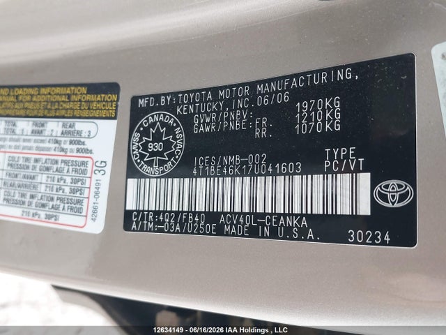 2007 Toyota Camry Le/se მანქანა იყიდება აუქციონზე, vin: 4T1BE46K17U041603, აუქციონის ნომერი: 12634149