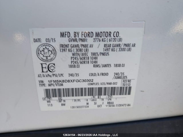 Ford EXPLORER XLT 2015 1FM5K8D8XFGC30302 Image 9