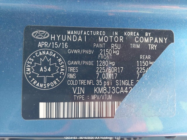 Продажа на аукционе авто 2016 Hyundai Tucson Limited/sport And Eco/se, vin: KM8J3CA42GU231530, номер лота: 12634163