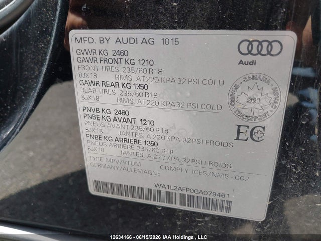 2016 Audi Q5 Premium Plus მანქანა იყიდება აუქციონზე, vin: WA1L2AFP0GA079461, აუქციონის ნომერი: 12634166