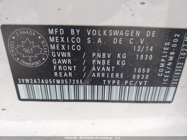 12634169 :رقم المزاد ، 3VW2A7AU5FM057295 vin ، 2015 Volkswagen Golf 2.0 Tdi Comfortline/2.0 Tdi Highline/2.0 Tdi Trendline مزاد بيع