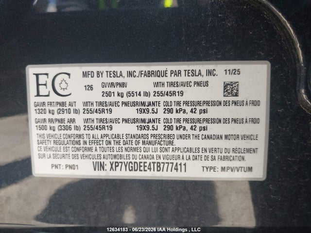 XP7YGDEE4TB777411 Tesla Model Y Long Range Launch Series/premium All-wheel Drive