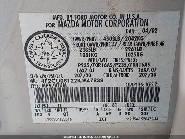 12634184 :رقم المزاد ، 4F2CU08122KM47838 vin ، 2002 Mazda Tribute Lx/es مزاد بيع