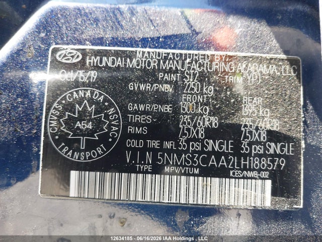 Aukcja sprzedaży 2020 Hyundai Santa Fe Sel/sel Plus, vin: 5NMS3CAA2LH188579, numer aukcji: 12634185